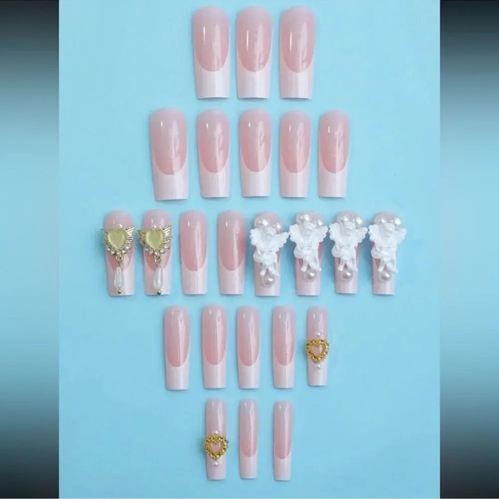 24 Set Square Coquette Angel Lolita Pink French Tip Nails